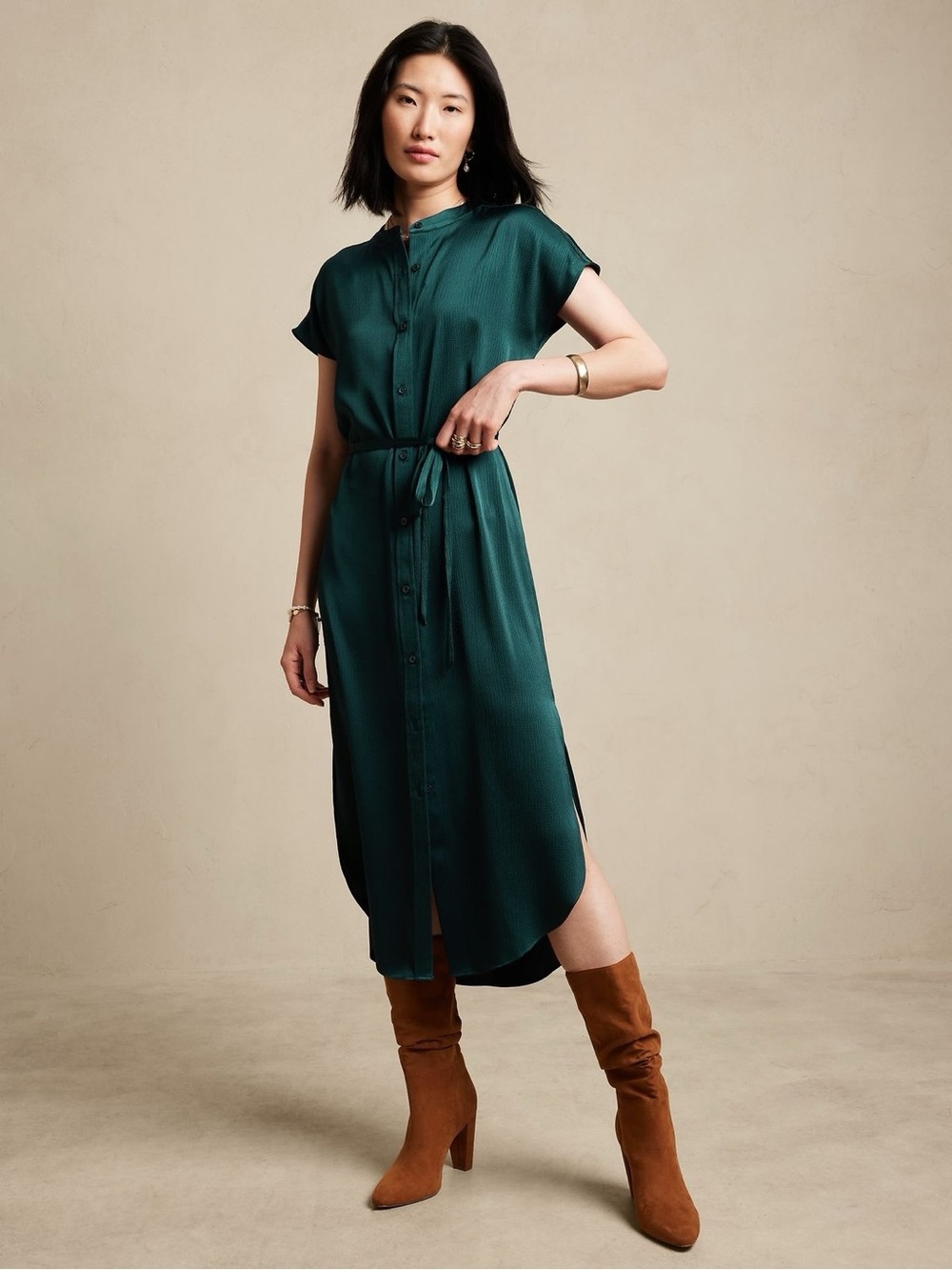 Banana Republic Emerald Green Button-Front Shirt Midi Dress with Tie Waist